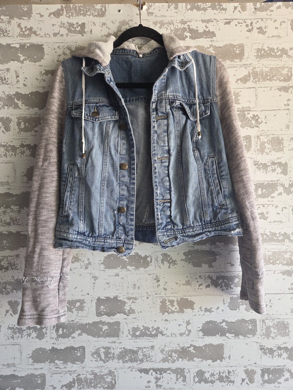 Free People We The Free Mixed Media Denim Jacket Knit Hooded Sleeves Small